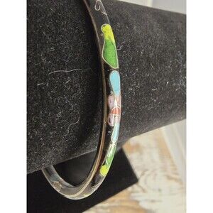 Vintage Black  Cloisonné Floral Bangle Bracelet Stack Flower Green Blue # 121